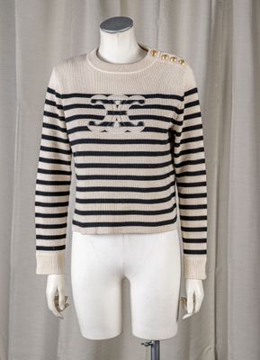 CELINE Pull marin rayé ivoire/noir rehaussé du sigle Triumph… - Photo 1