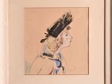 tableau représentant une femme coiffée d'un chapeau orné d'une coiffe à plumes