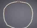 a white pearl necklace with a gold clasp