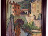 a painting on the wall of a building that has a bridge over it