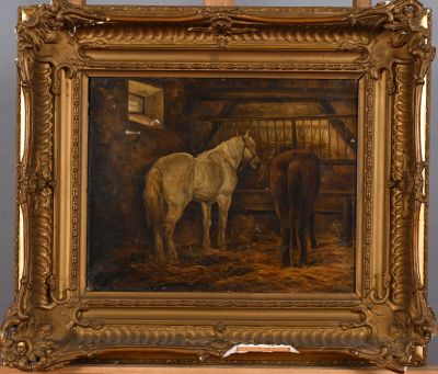 a painting of two horses in a stable on a table