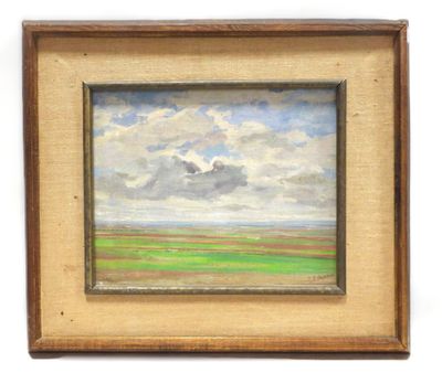 an oil painting of a green field with clouds in the sky