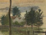 an image of a painting of a house and trees in a field