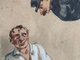 a painting of a man sitting on the ground next to another man