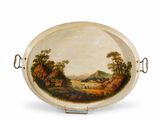 peinture représentant un paysage sur un plat, avec une maison au loin