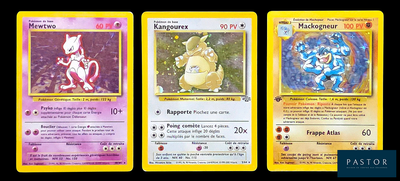 Trois cartes Pokémon sont représentées en ligne sur un fond noir