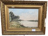 l'image d'une peinture représentant une rivière avec une maison à l'arrière-plan
