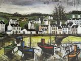 un tableau représentant des bateaux dans un port, avec des maisons en arrière-plan