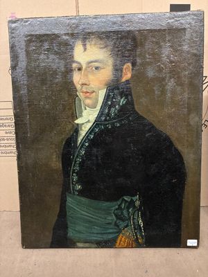 tableau représentant un homme vêtu d'un manteau noir et d'une robe verte