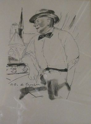 dessin représentant un homme coiffé d'un chapeau et portant un nœud papillon, debout devant un immeuble