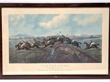 tableau représentant un groupe de chevaux en pleine course sur une piste au milieu d'un champ