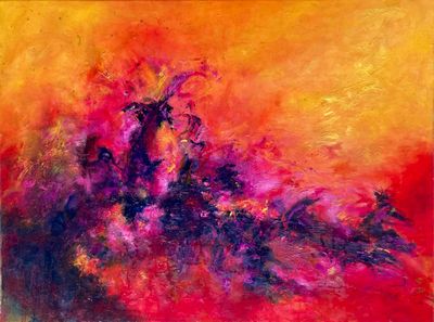 un tableau représentant un tableau rouge et jaune avec un arbre au milieu