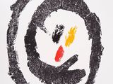 an image of a black and white drawing of a circle with a red and yellow face
