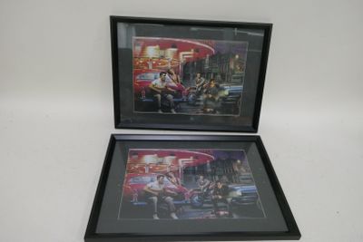 two framed pictures of people sitting on a bench