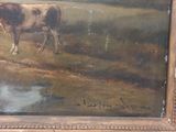 a picture of a painting of a cow in a field
