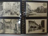 three black and white photos of a book opened to show a street scene