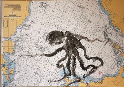 a drawing of an octopus on a map of the ocean