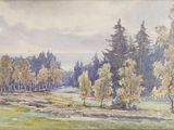 an image of a painting of a field with trees in the background