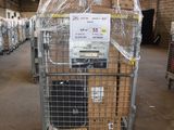 many boxes of food in a metal cart in a warehouse