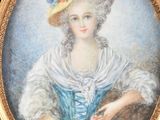 painting of a woman in a blue dress with a straw hat
