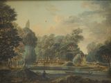 a picture of a painting of a river and a bridge