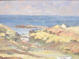 a painting of a boat on the shore by the water