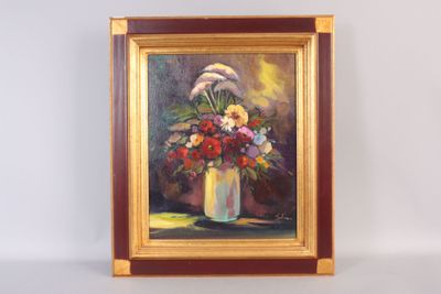a painting of flowers in a vase on a table