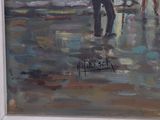 a painting of a man holding an umbrella on a rainy day