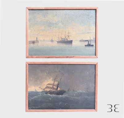 deux tableaux représentant des bateaux sur un plan d'eau, avec le ciel en arrière-plan