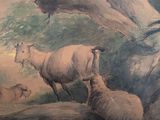 a painting of sheep in a wooded area by a stream
