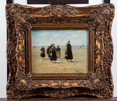 an image of a painting of a group of people walking on a beach