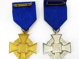 two medals are shown on a white surface with a blue ribbon