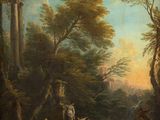 a painting of a painting of a landscape with people and animals