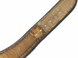 brown leather watch strap with black stitching on a white background