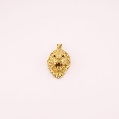 un pendentif en forme de tête de lion dorée sur fond blanc
