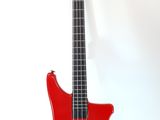 an electric bass guitar with a red body and black strings