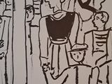 drawing of a group of people standing in a room with a dog
