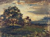 peinture représentant un paysage avec un arbre et un oiseau au premier plan