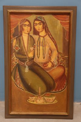 a painting of two women sitting next to each other in front of a blue wall