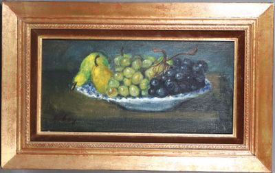 a painting of a bowl of fruit on a table