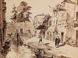 a drawing of a street scene with people walking on the sidewalk