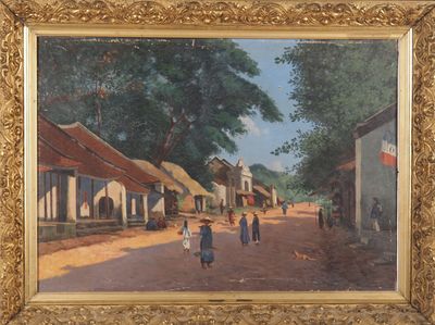 une peinture à l'huile représentant une rue de village avec des passants qui marchent