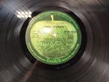 vinyl record with a green apple on it sitting on top of a table