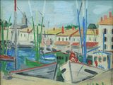 a painting of boats in a harbor with buildings in the background