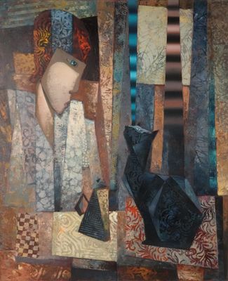 peinture abstraite représentant une femme avec un oiseau et un vase posés sur une table