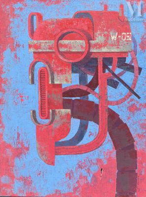 un tableau rouge et bleu sur lequel figure un pistolet