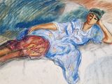 tableau représentant une femme en robe bleue allongée sur un lit
