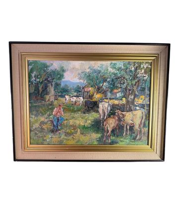 tableau à l'huile encadré représentant un agriculteur et son bétail dans un pâturage