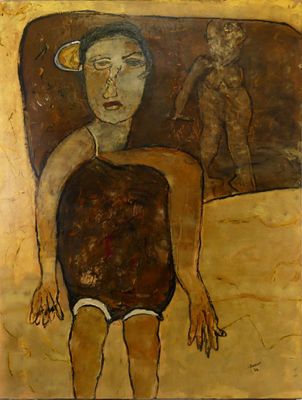 a painting of a woman standing in front of a mirror