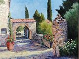 une peinture à l'huile représentant une cour avec des fleurs et un mur en pierre